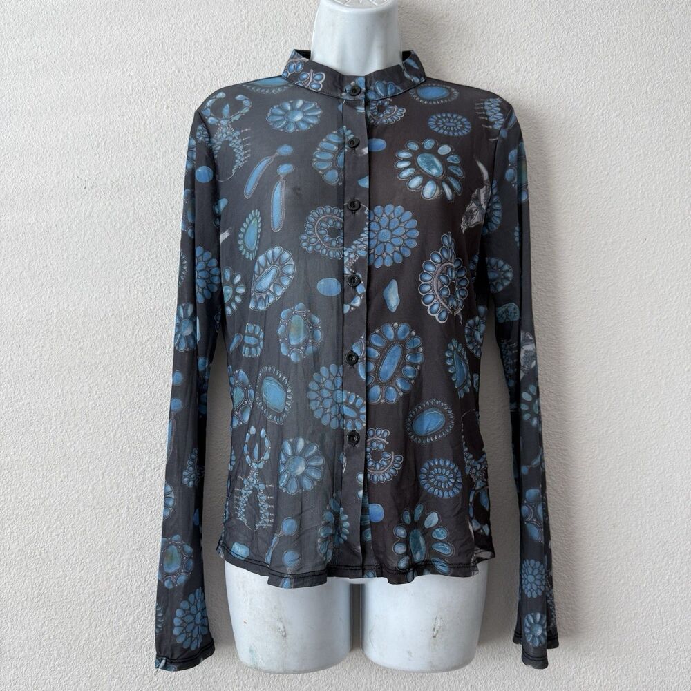 Nylon Apparel Sheer Mesh Turquoise Concho Print Western Mock Neck Blouse Top M